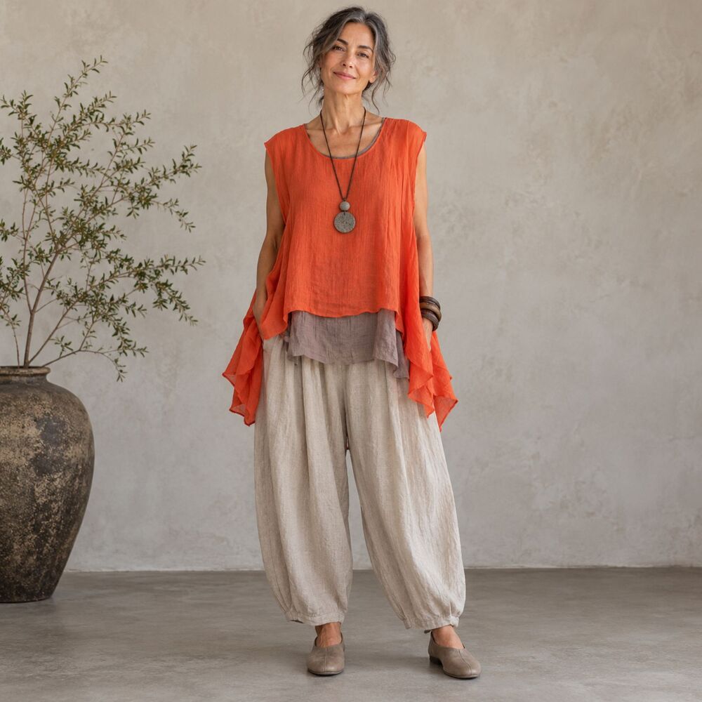 Nanako Sz M Nana Ko Orange Brown Layered Tunic Top Sleeveless Lagenlook Flowy